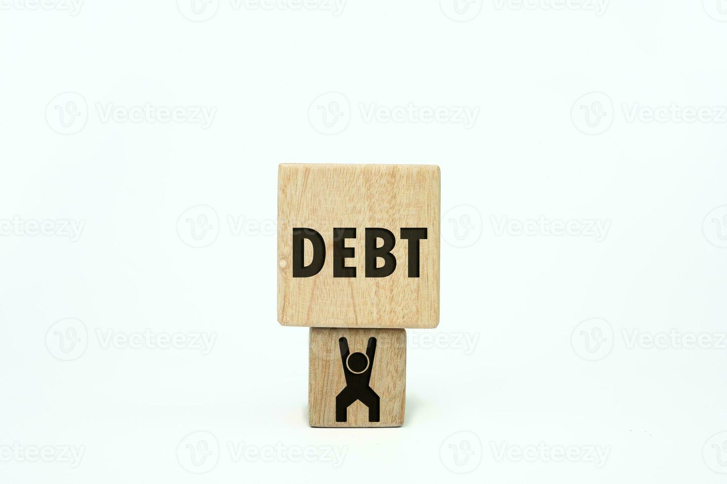 Over-debt person concept, Employee work for money to pay off debts concept, people icon take up debt word screen on a wooden cube block shape on white background. Labor Day, September 4 photo