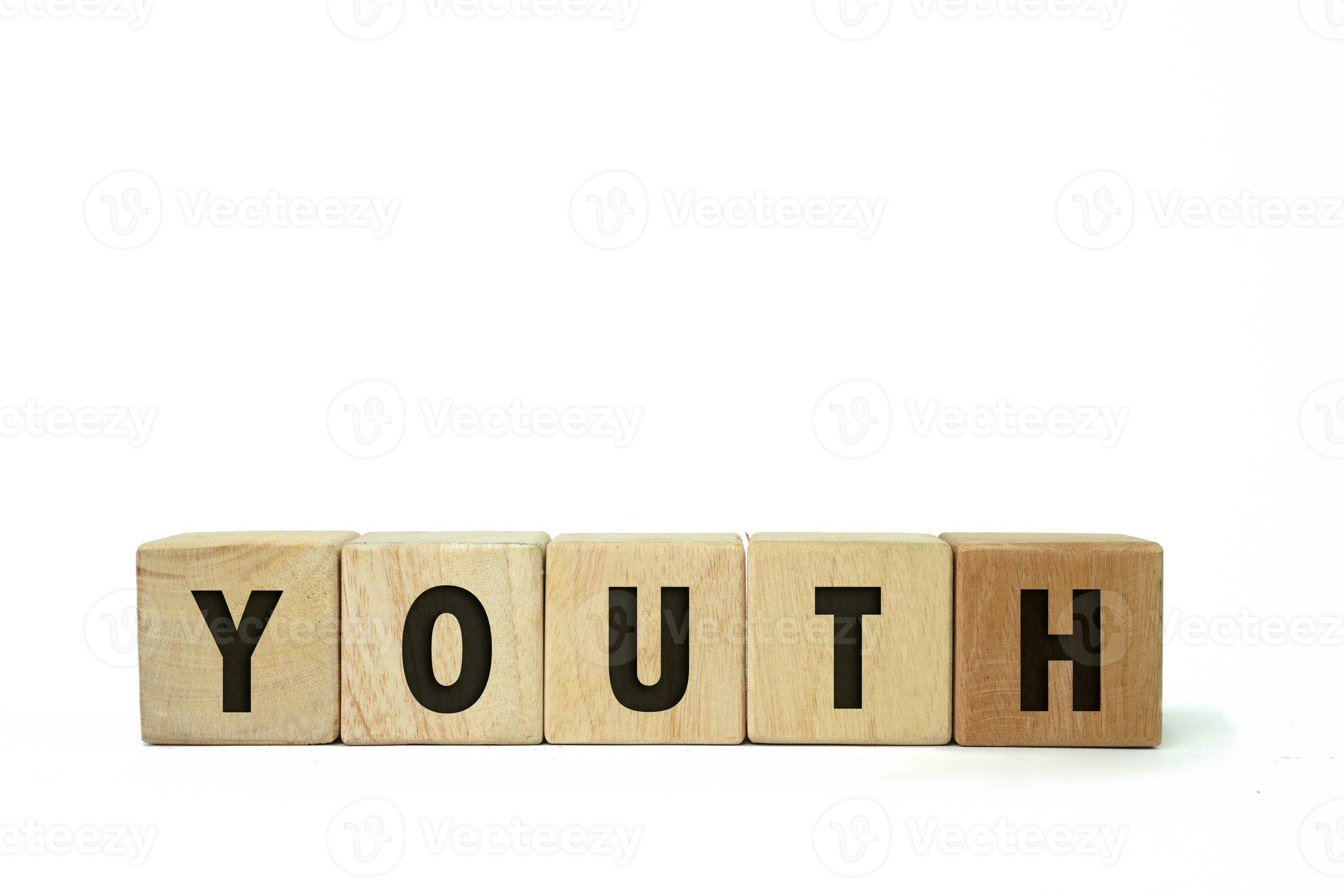Youth word screen on the wooden cube on white background, international 