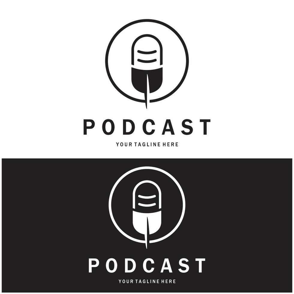 podcast logo with microphone and earphone audio, radio waves. for studio, talk show, chat, information sharing, interview, multimedia and web. vector