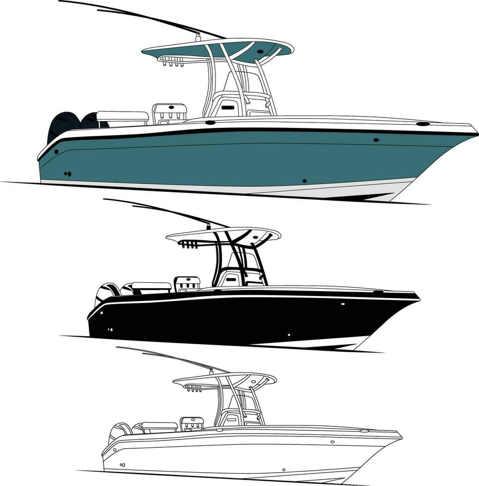 High-quality line drawing vector fishing boat. Black, white, and color illustration.
