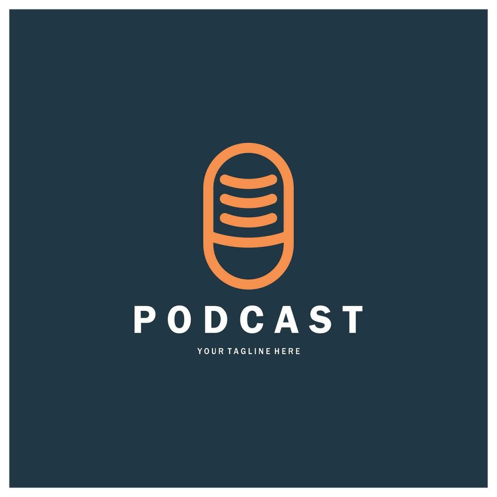 podcast logo with microphone and earphone audio, radio waves. for studio, talk show, chat, information sharing, interview, multimedia and web. vector