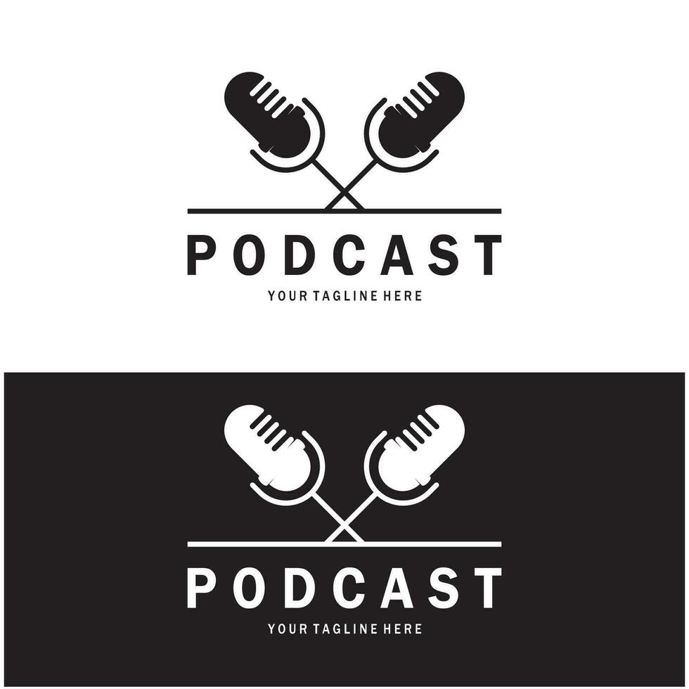 podcast logo with microphone and earphone audio, radio waves. for studio, talk show, chat, information sharing, interview, multimedia and web. vector