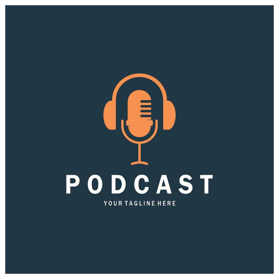 podcast logo with microphone and earphone audio, radio waves. for studio, talk show, chat, information sharing, interview, multimedia and web. vector