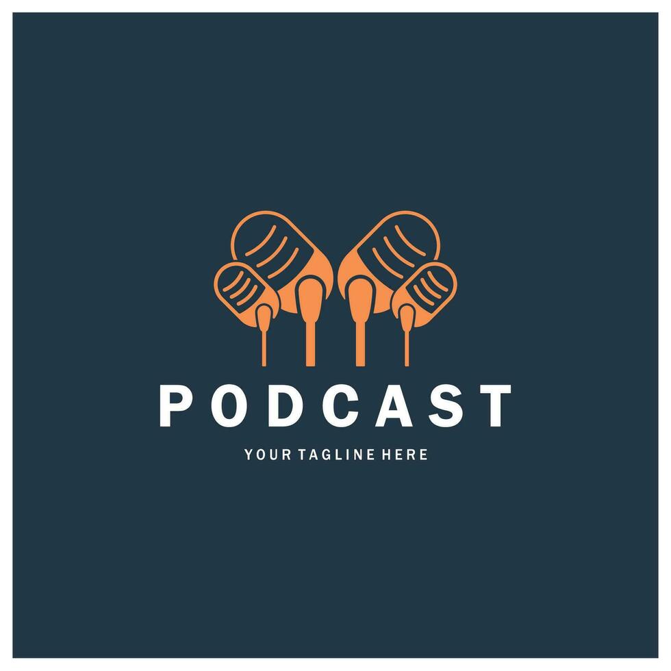 podcast logo with microphone and earphone audio, radio waves. for studio, talk show, chat, information sharing, interview, multimedia and web. vector