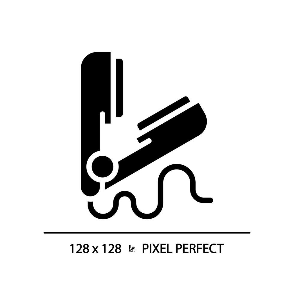 2d píxel Perfecto pelo plancha de pelo glifo estilo icono, aislado vector, cuidado del cabello sencillo negro silueta ilustración. vector