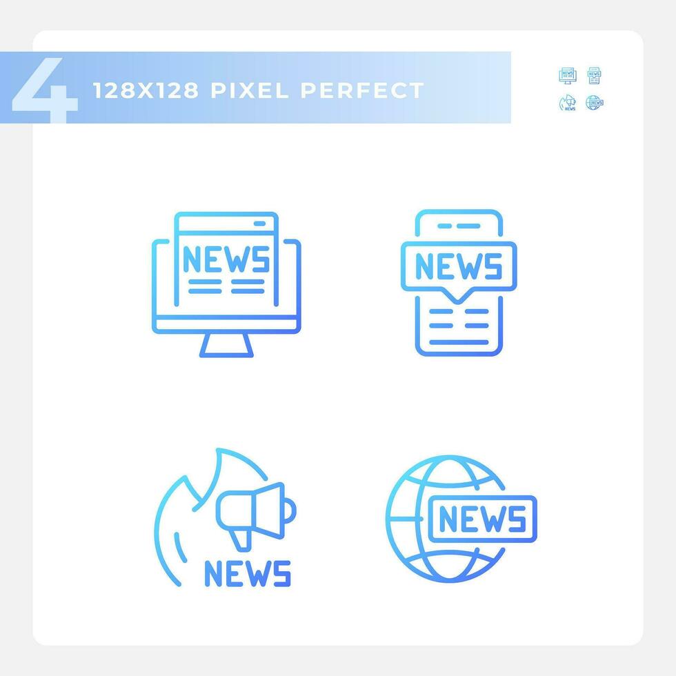 2D pixel perfect gradient icons collection representing journalism, isolated vector, thin line blue illustration vector