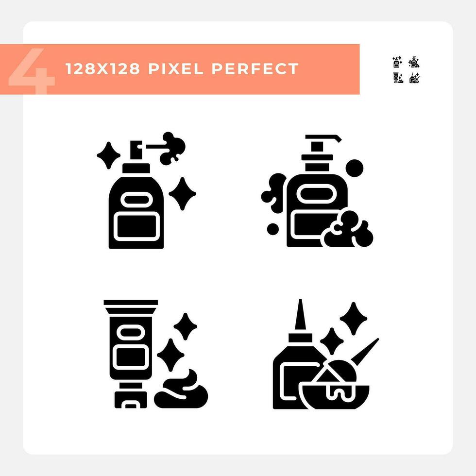 2D pixel perfect glyph style icons pack representing haircare, simple black silhouette illustration. vector