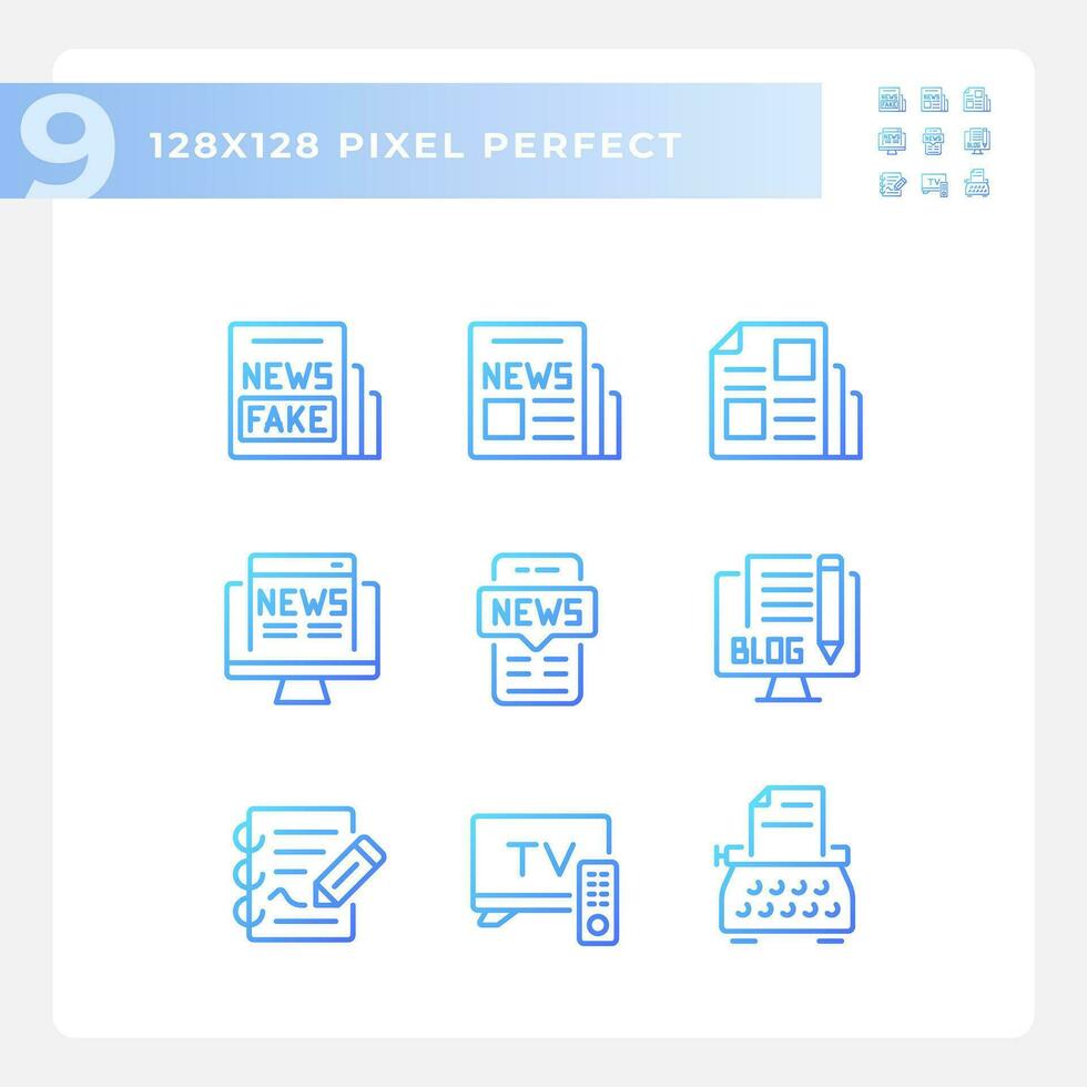 2D pixel perfect gradient icons set representing journalism, thin line blue illustration vector