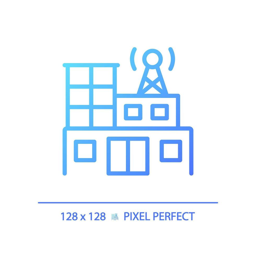 2D pixel perfect gradient radio station building icon, isolated vector, thin line blue illustration representing journalism. vector