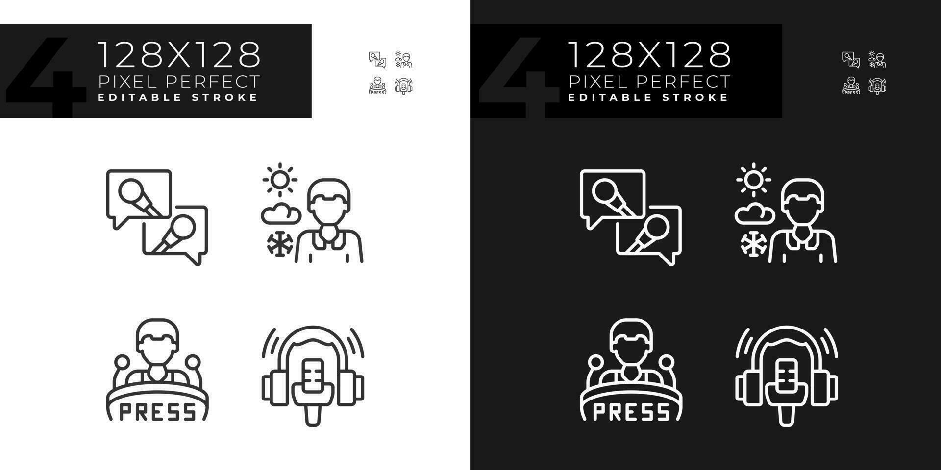 2D pixel perfect dark and light icons set representing journalism, editable thin linear illustration. vector