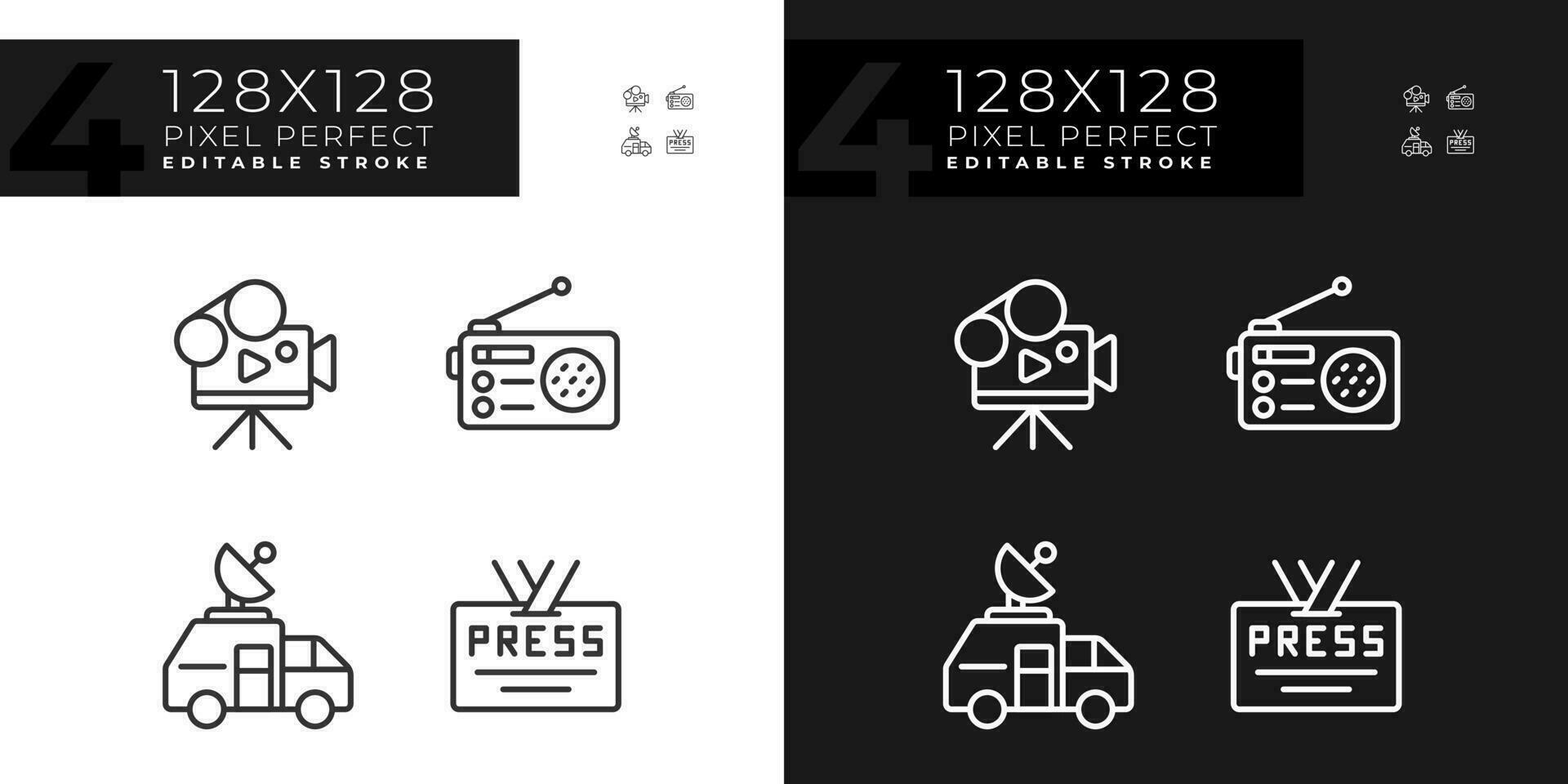 Pixel perfect dark and light icons set representing journalism, editable thin line illustration. vector
