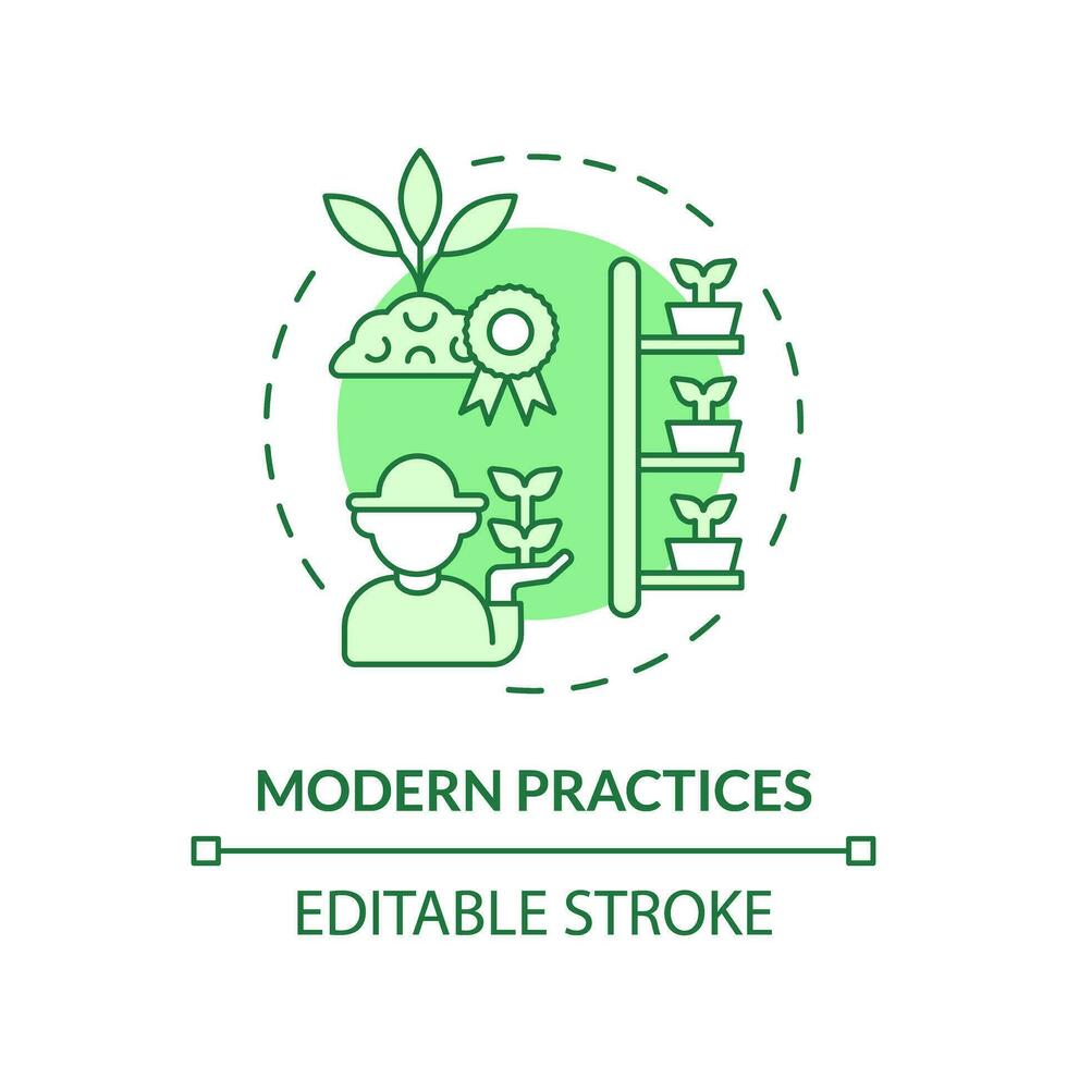 Modern practices green concept icon. Organic farming. Advanced technology. Crop yield. Food production. Farm industry. Round shape line illustration. Abstract idea. Graphic design. Easy to use vector