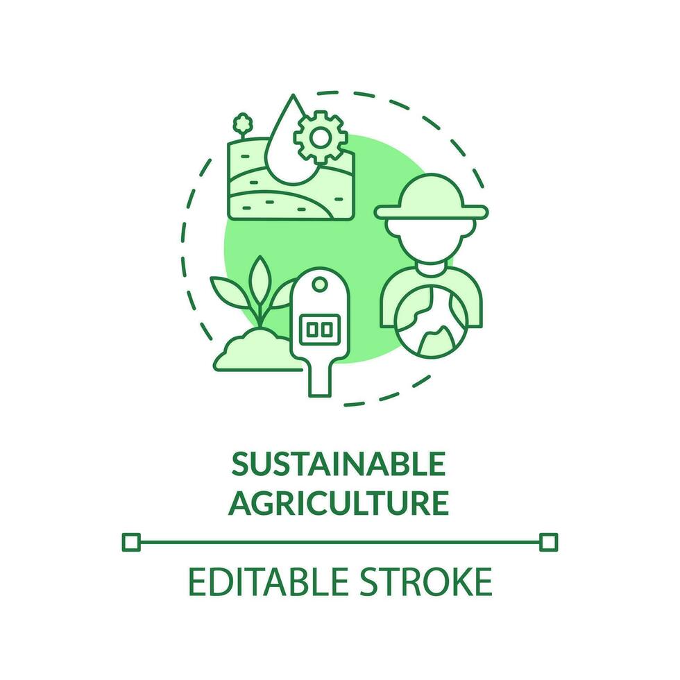 Sustainable agriculture green concept icon. Eco friendly farming. Soil health. Water management. Growing plants. Round shape line illustration. Abstract idea. Graphic design. Easy to use vector