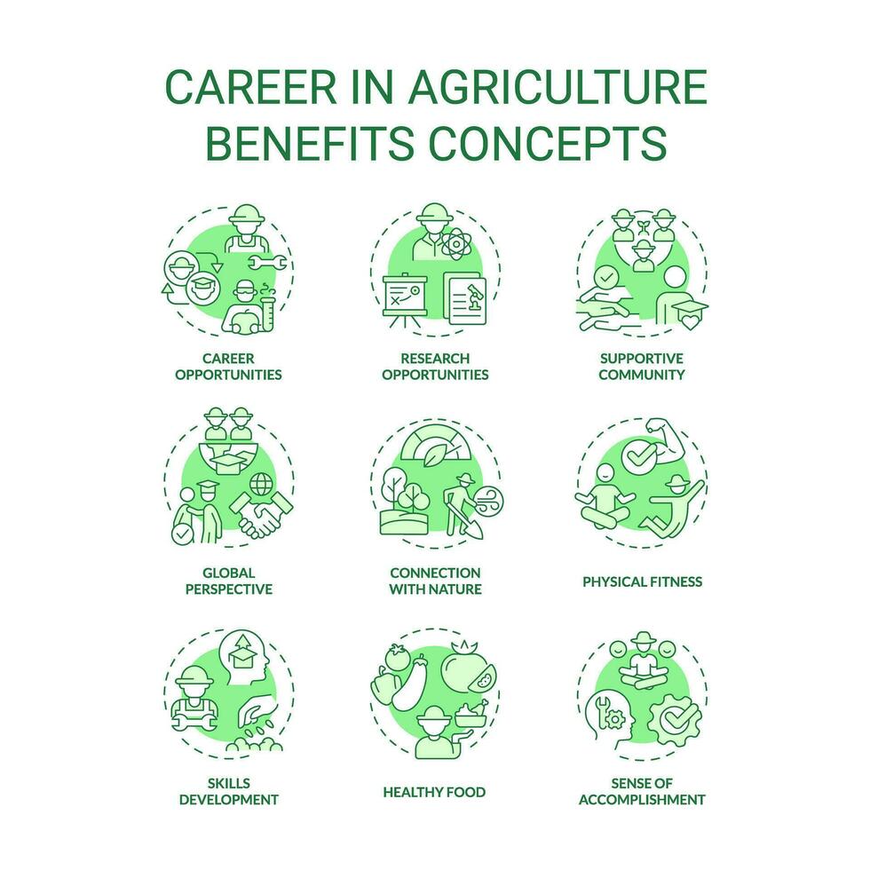 Career in agriculture benefits green color concept icons. Job opportunity. Farm worker. Rural development. Food production. Icon pack. Vector images. Round shape illustrations. Abstract idea