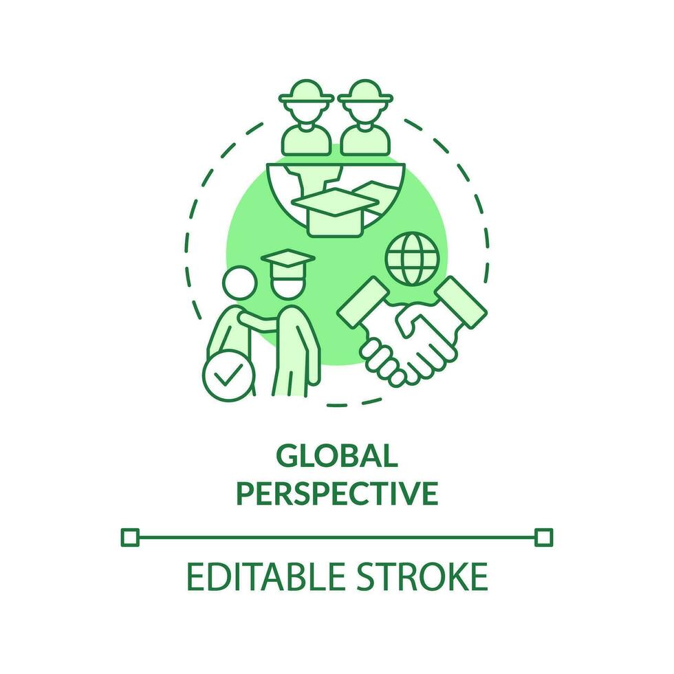 Global perspective green concept icon. International collaboration. Agricultural science. Higher education. Study abroad. Round shape line illustration. Abstract idea. Graphic design. Easy to use vector