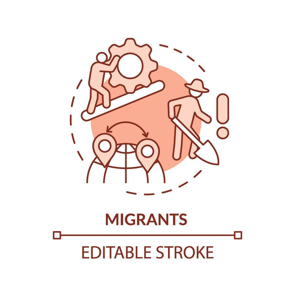 Migrants red concept icon. Harvesting crop. Agricultural worker. Poor working conditions. Manual labor. Hard work. Round shape line illustration. Abstract idea. Graphic design. Easy to use vector
