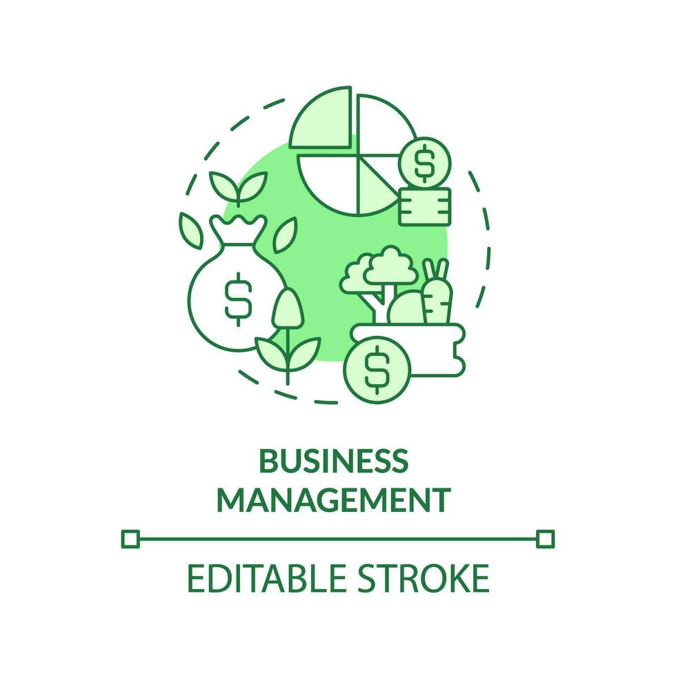 Business management green concept icon. Strategic planning. Crop rotation. Market analysis. Farm industry. Risk assessment. Round shape line illustration. Abstract idea. Graphic design. Easy to use vector