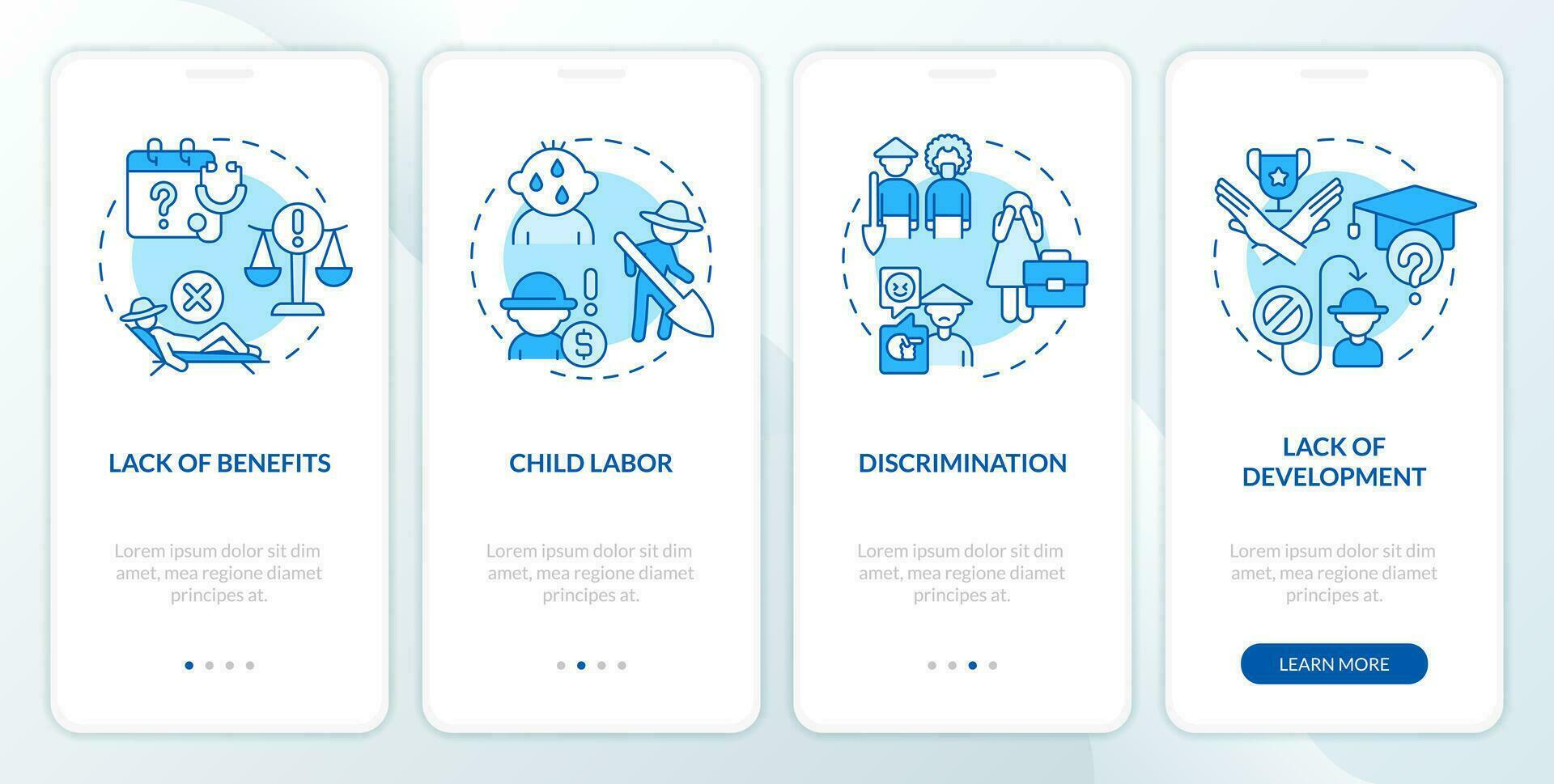 Labour problems in agriculture blue onboarding mobile app screen. Farm work walkthrough 4 steps editable graphic instructions with linear concepts. GUI template vector