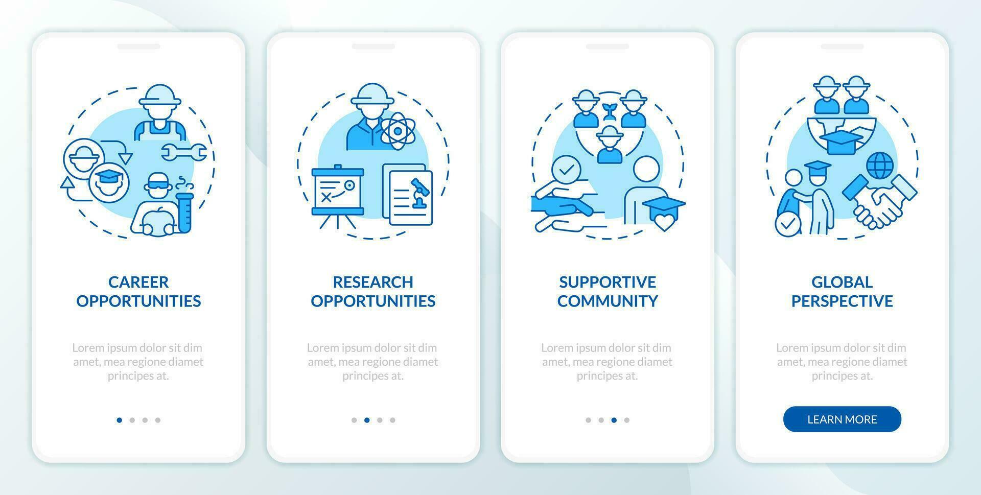 Agricultural university advantages blue onboarding mobile app screen. Walkthrough 4 steps editable graphic instructions with linear concepts. UI, UX, GUI template vector