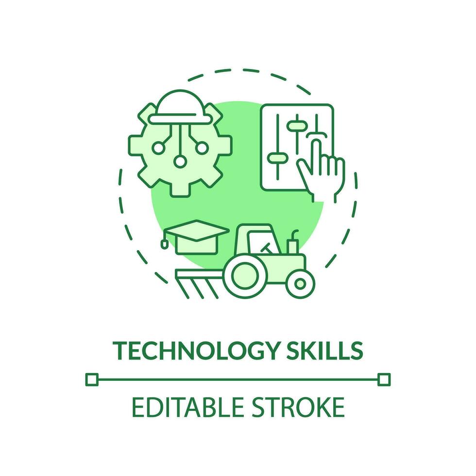 Technology skills green concept icon. Data analysis. Farm machinery. New tools. Farming equipment. Rural development. Round shape line illustration. Abstract idea. Graphic design. Easy to use vector