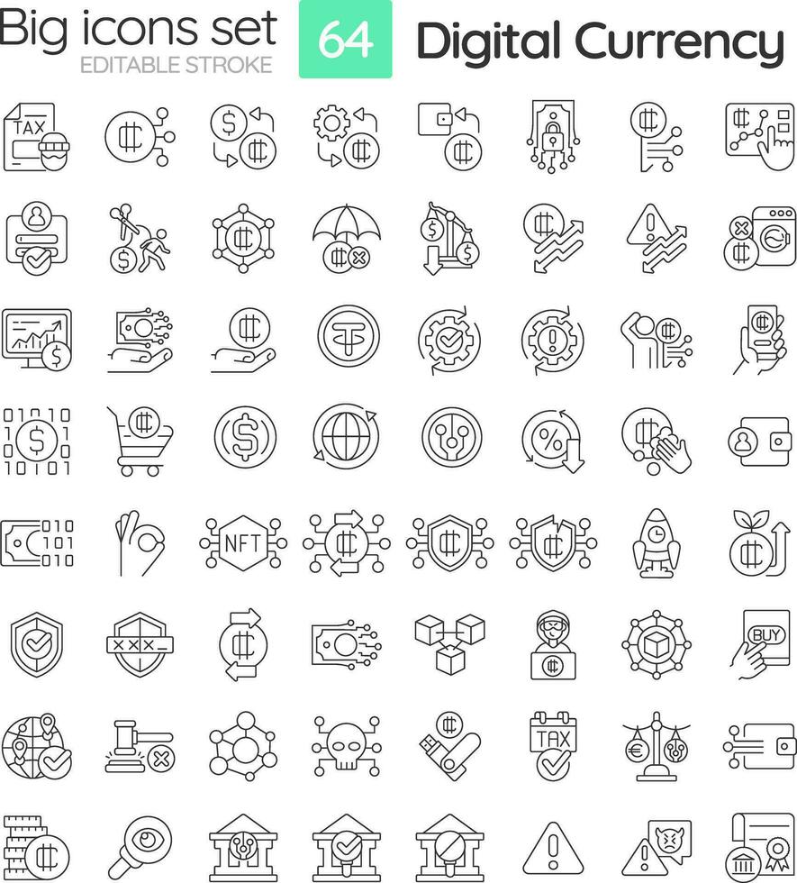 2D editable black big line icons set representing digital currency, isolated vector, linear illustration. vector
