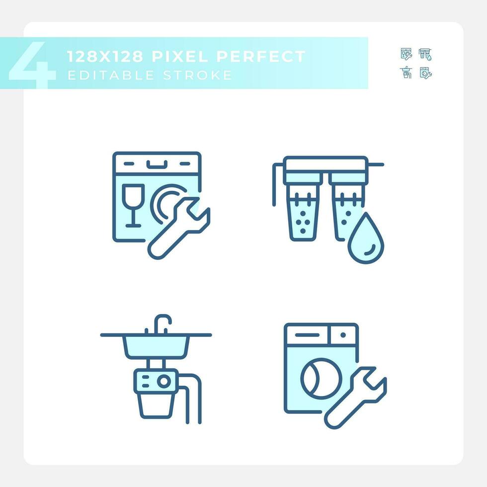 2D pixel perfect blue icons set representing plumbing, editable thin linear illustration. vector