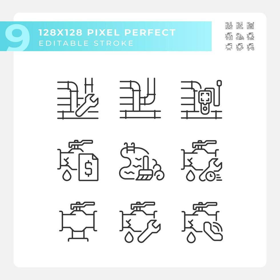 2D pixel perfect black icons set representing plumbing, editable thin line illustration. vector