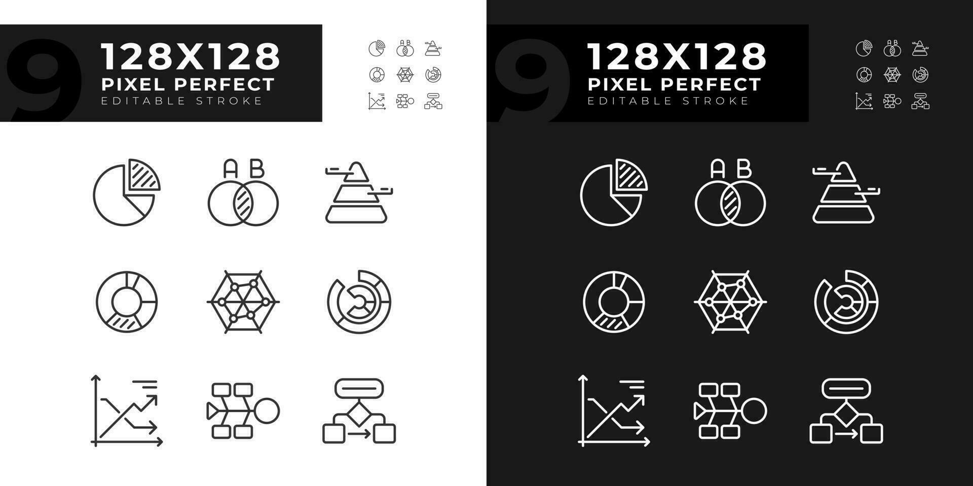 Chart and diagram linear icons set for dark, light mode. Data display. Business statistics. Project management. Thin line symbols for night, day theme. Isolated illustrations. Editable stroke vector