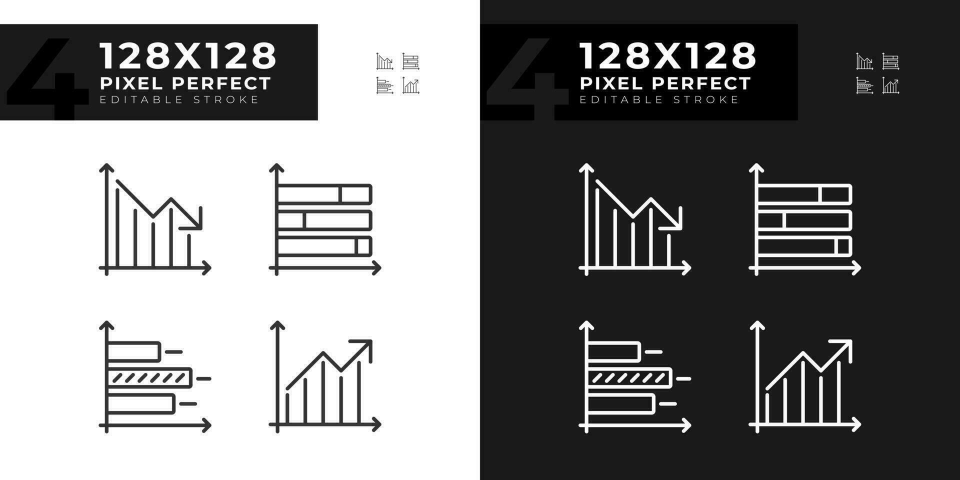 Business performance linear icons set for dark, light mode. Economic research. Financial analysis. Data analytics. Thin line symbols for night, day theme. Isolated illustrations. Editable stroke vector