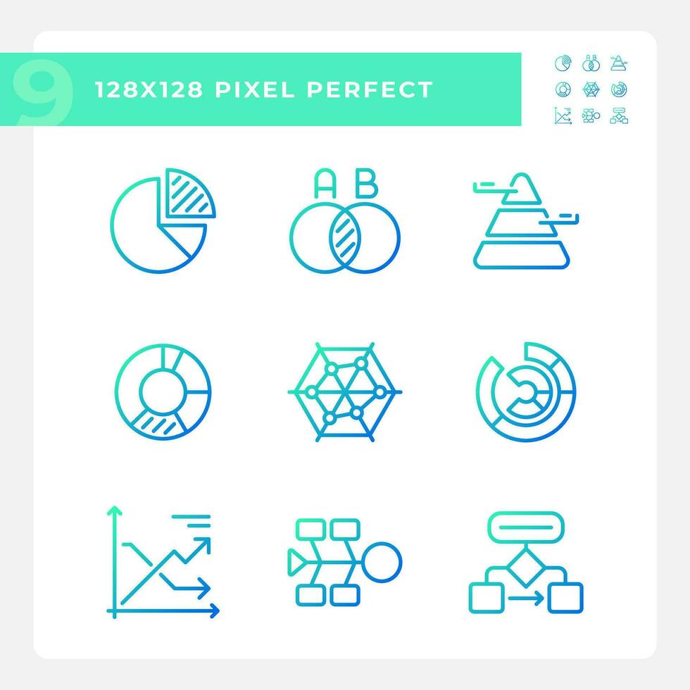Chart and diagram gradient linear vector icons set. Data display. Business statistics. Project management. Thin line contour symbol designs bundle. Isolated outline illustrations collection