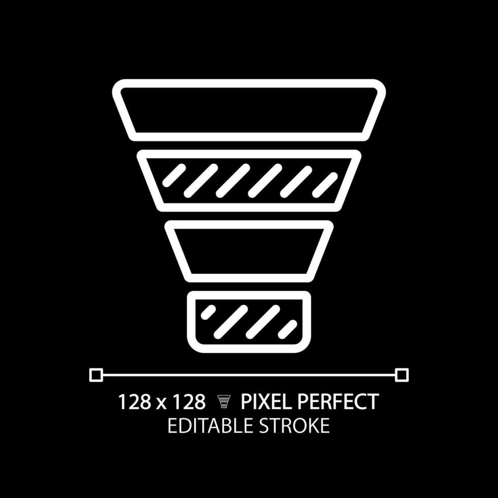 Funnel chart white linear icon for dark theme. Customer journey. Lead generation. Marketing research. Conversion optimization. Thin line illustration. Isolated symbol for night mode. Editable stroke vector
