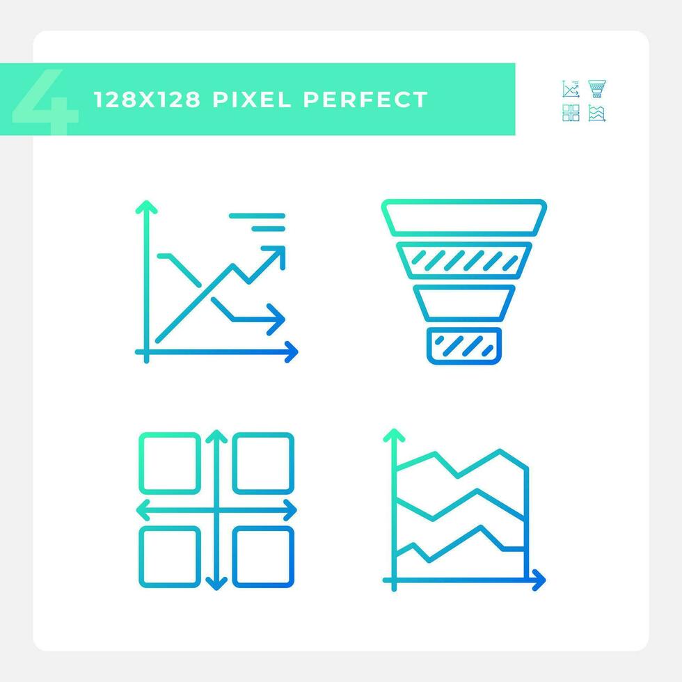 Marketing charts gradient linear vector icons set. Sales analysis. Business strategy. Process improvement. Thin line contour symbol designs bundle. Isolated outline illustrations collection