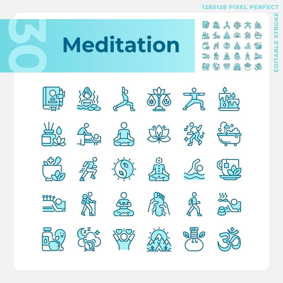 Pixel perfect blue icons set representing meditation, editable thin line wellness illustration. vector