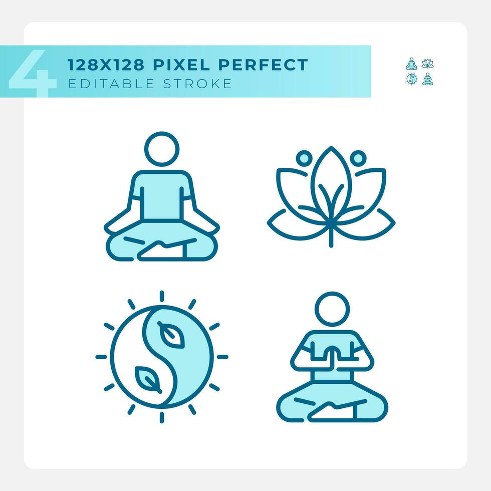 2d píxel Perfecto azul íconos conjunto representando meditación, editable Delgado línea bienestar ilustración. vector
