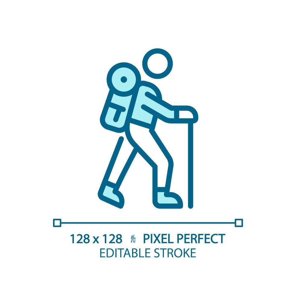 2D pixel perfect editable blue hiking icon, isolated vector, thin line illustration. vector