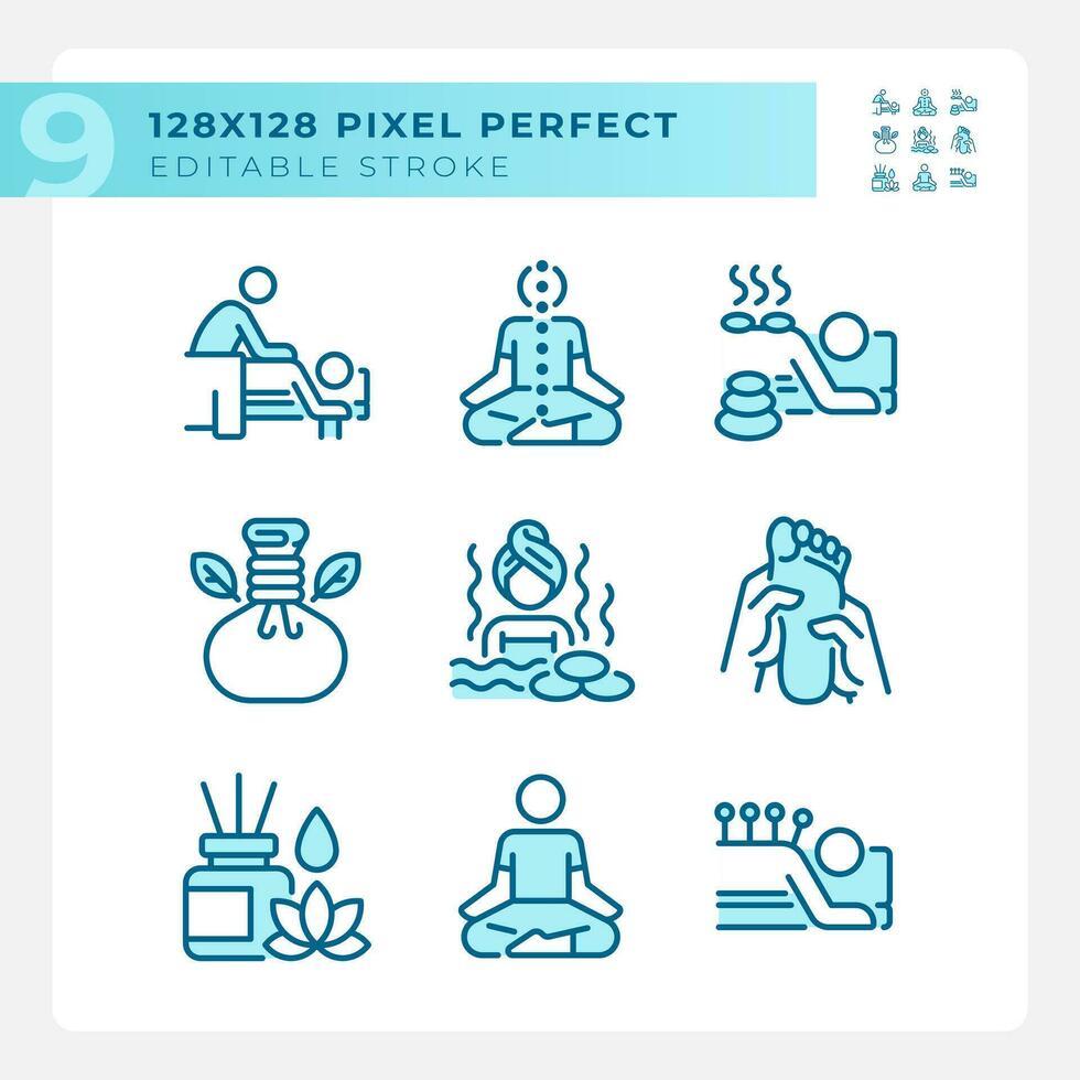 Pixel perfect icons set representing meditation, editable blue thin line wellness illustration. vector
