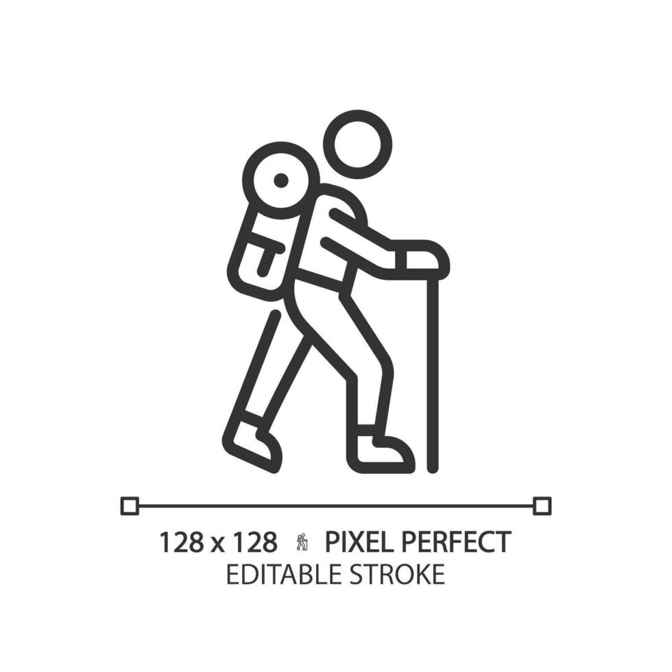 2D pixel perfect editable black hiking icon, isolated vector, thin line illustration. vector