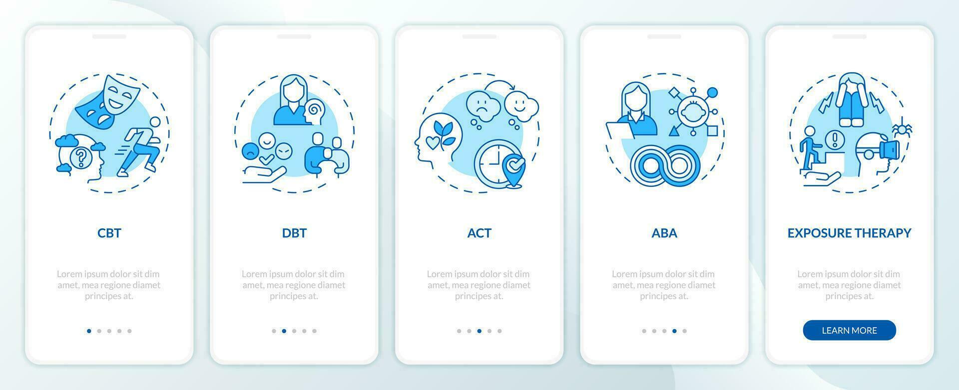 2d íconos representando conductual terapia móvil aplicación pantalla colocar. recorrido 5 5 pasos azul gráfico instrucciones con lineal íconos concepto, ui, ux, gui modelo. vector