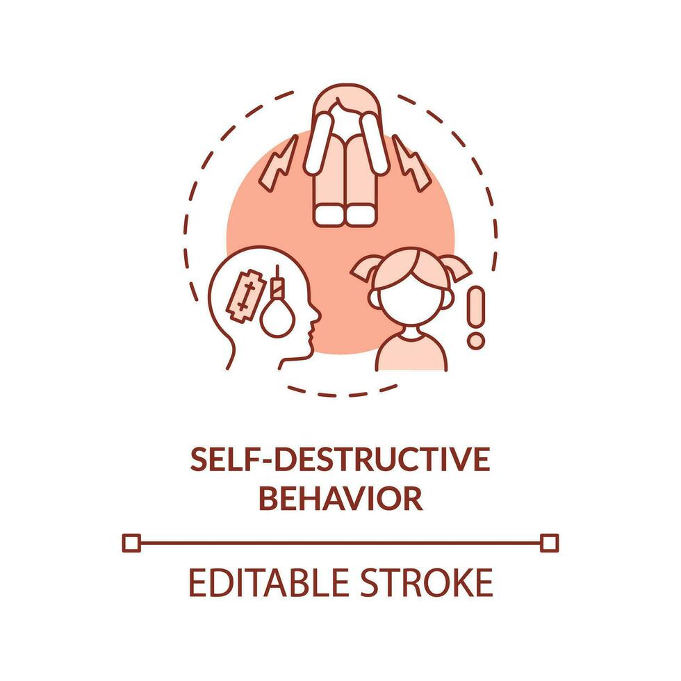 2D editable self destructive behavior red thin line icon concept, isolated vector, monochromatic illustration representing behavioral therapy. vector