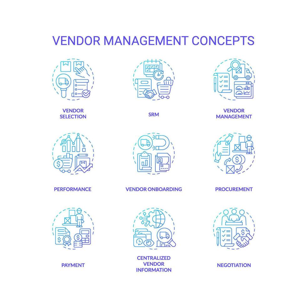 2D icons set representing vendor management concepts, isolated vector, thin line gradient illustration. vector