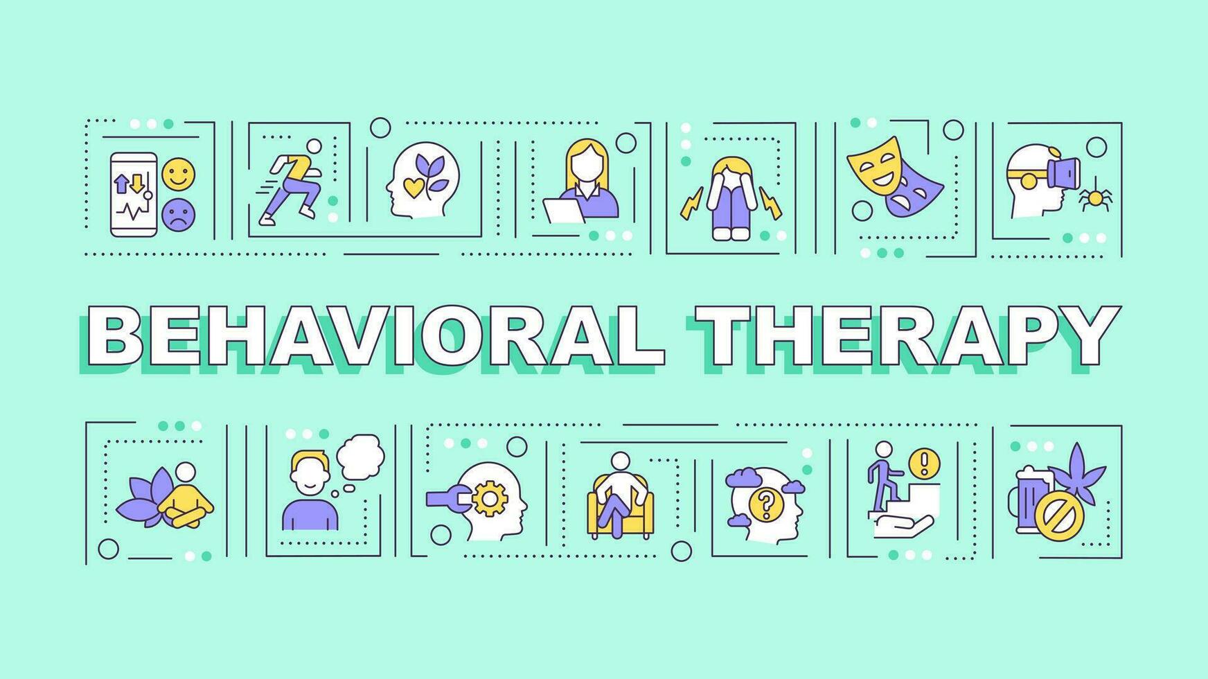Behavioral therapy text with various thin linear icons concept on green monochromatic background, editable 2D vector illustration.