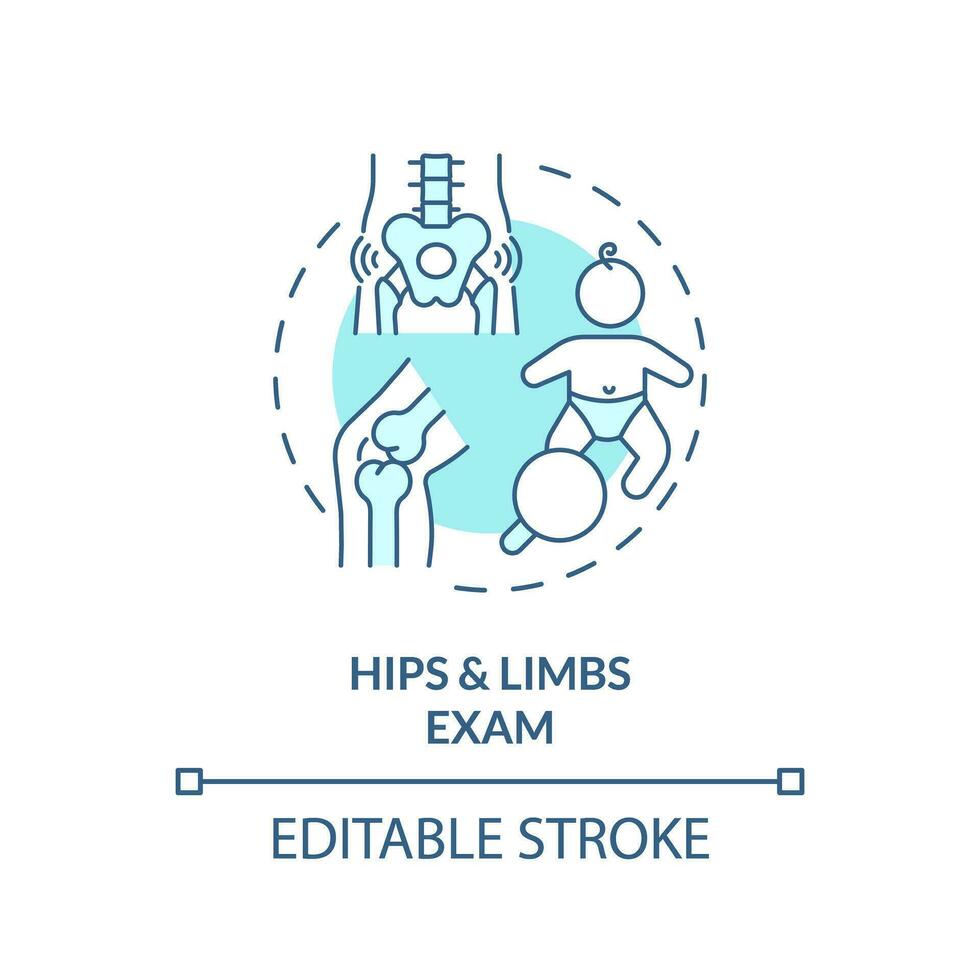 Hip and limb exam turquoise concept icon. Musculoskeletal system. Health service. Child development. Joint health abstract idea thin line illustration. Isolated outline drawing. Editable stroke vector
