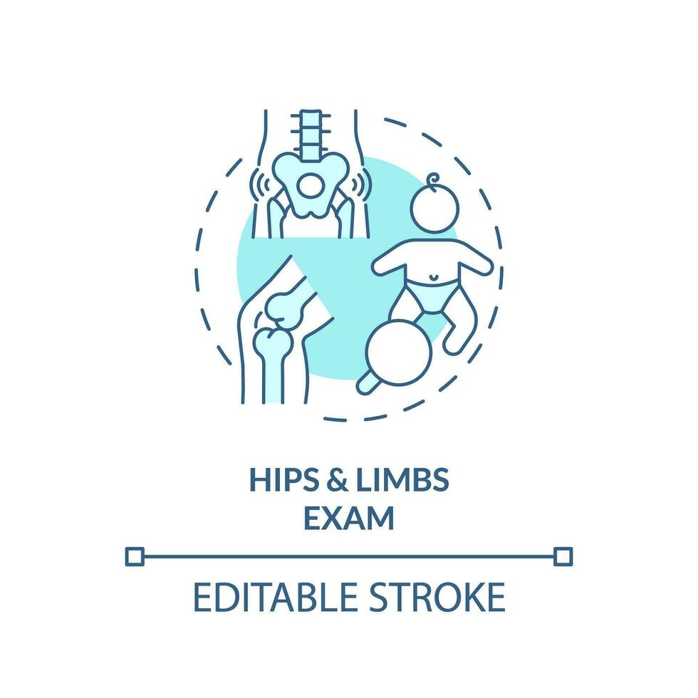 cadera y miembro examen turquesa concepto icono. musculoesquelético sistema. salud servicio. niño desarrollo. articulación salud resumen idea Delgado línea ilustración. aislado contorno dibujo. editable carrera vector