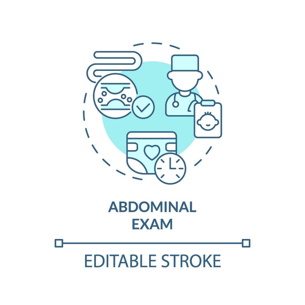 abdominal examen turquesa concepto icono. bebé barriga. médico cita. recién nacido cuidado de la salud. infantil cuidado resumen idea Delgado línea ilustración. aislado contorno dibujo. editable carrera vector