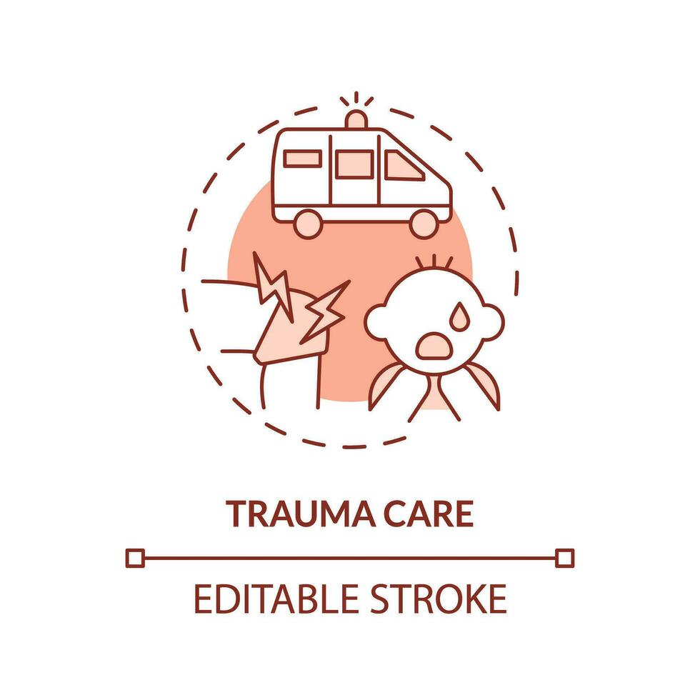 Trauma care red concept icon. Urgent help. Traumatic event. Injured kid. Healthcare provider. Emergency medicine abstract idea thin line illustration. Isolated outline drawing. Editable stroke vector