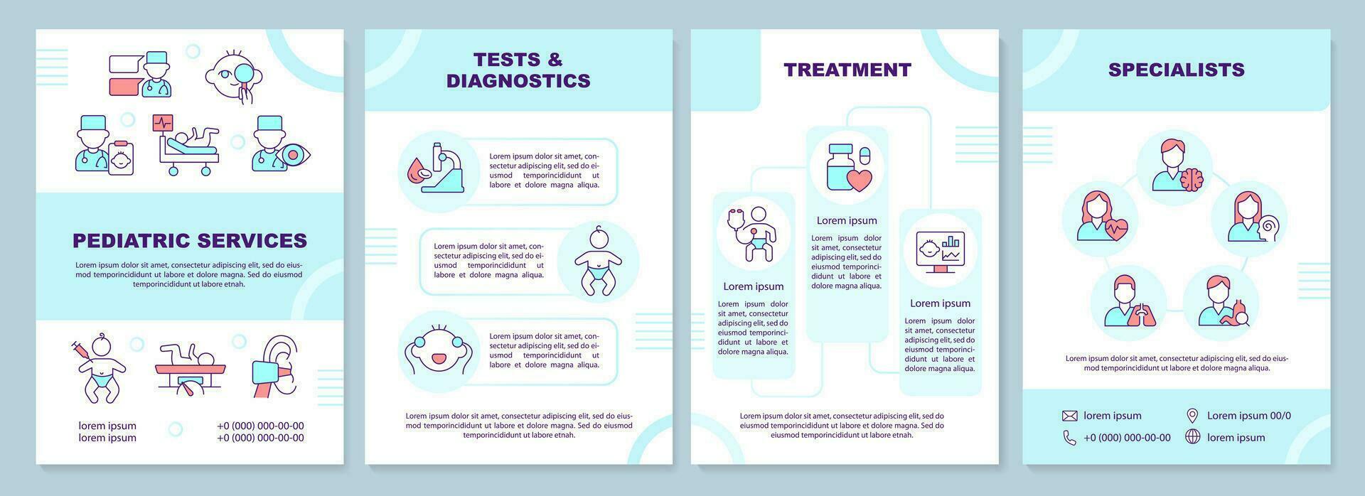 Pediatric services turquoise brochure template. Child health. Leaflet design with linear icons. Editable 4 vector layouts for presentation, annual reports