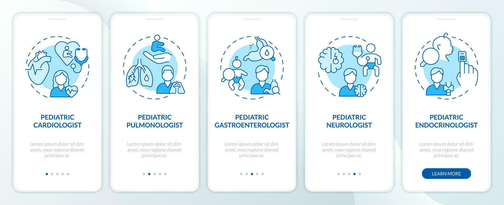 Pediatric subspecialists blue onboarding mobile app screen. Child clinic walkthrough 5 steps editable graphic instructions with linear concepts. UX, GUI template vector