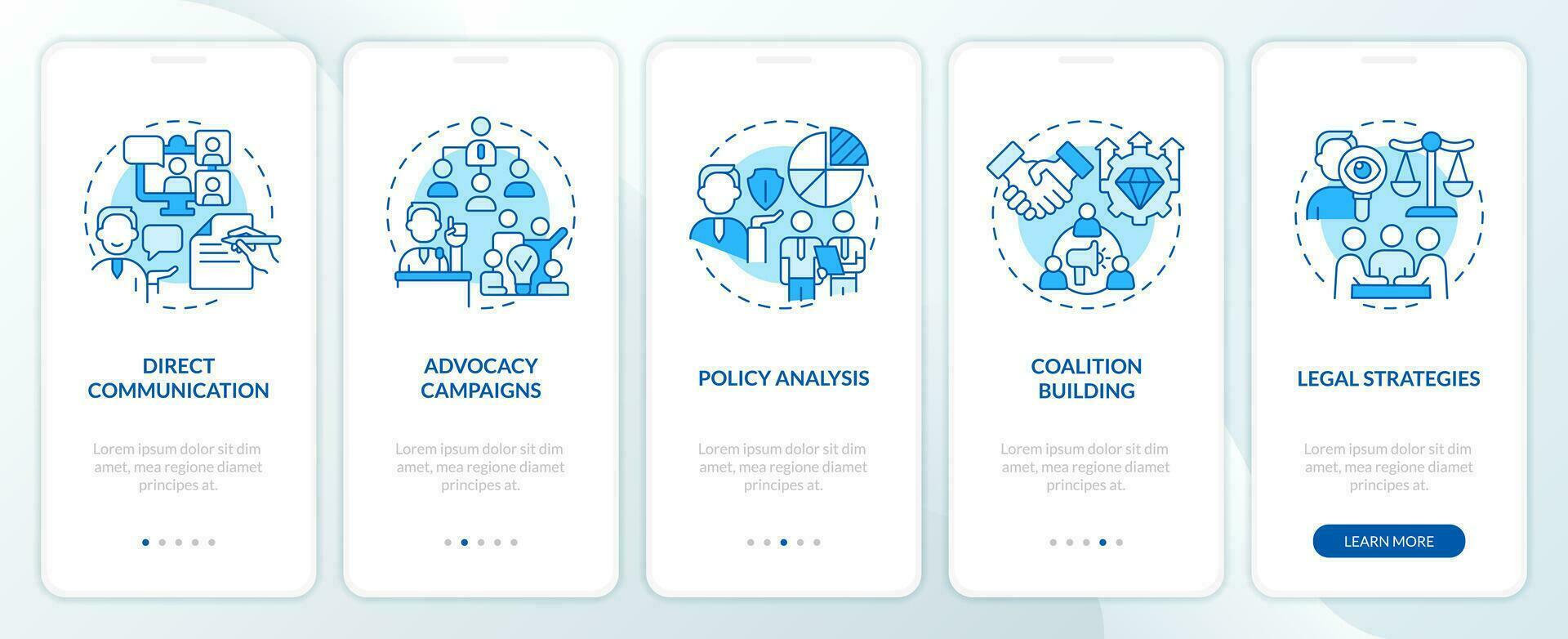 2D linear icons representing lobbying government mobile app screen set. 5 steps blue graphic instructions, UI, UX, GUI template. vector