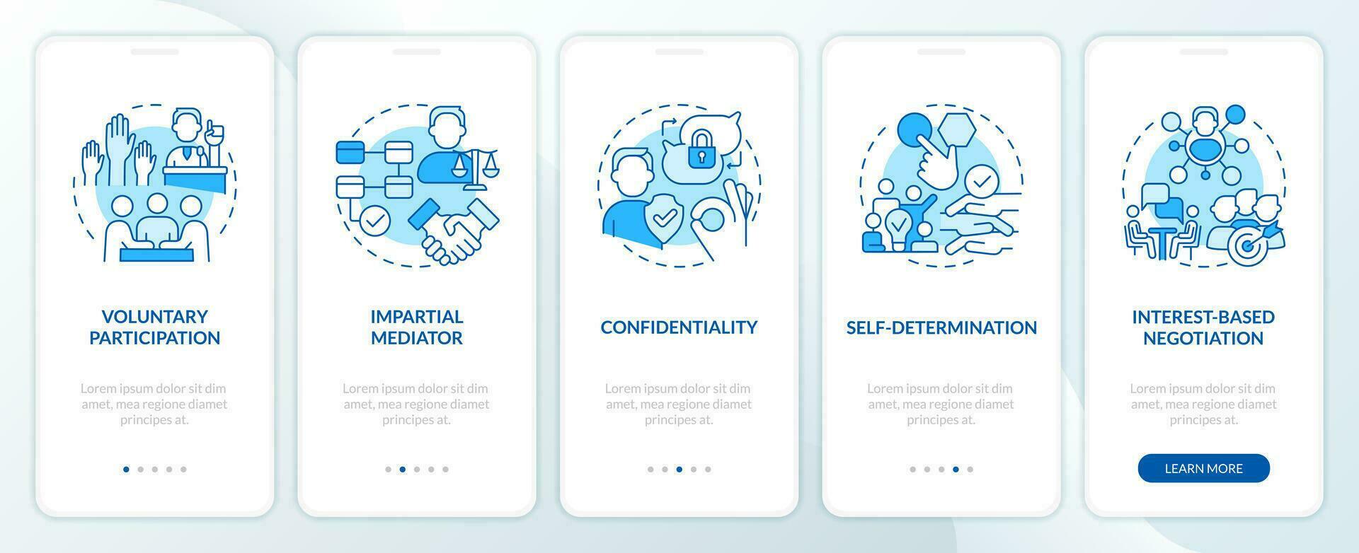 2D linear icons representing lobbying government mobile app screen set. 5 steps graphic instructions, UI, UX, GUI template. vector