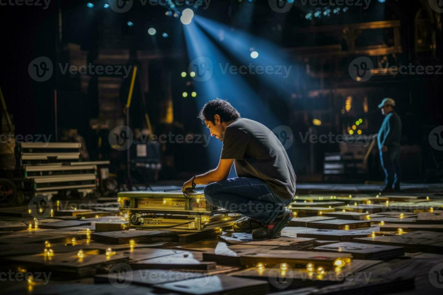 A stagehand maneuvering large set pieces behind the scenes with precision photo